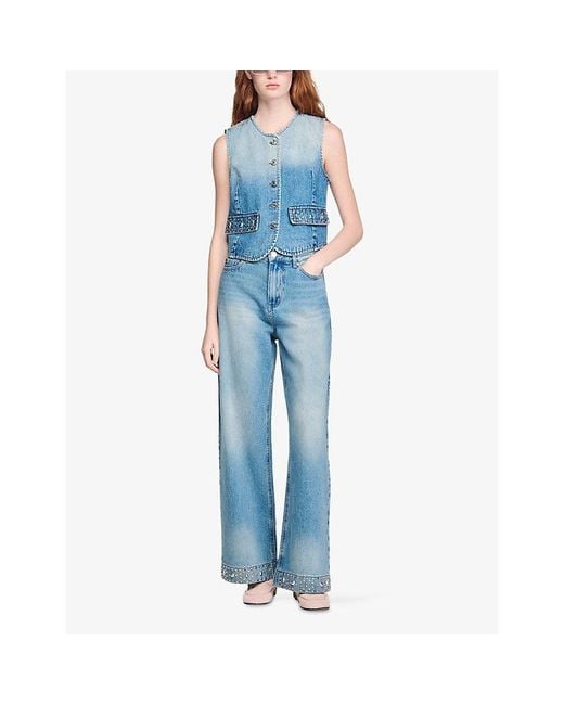 Sandro Blue Rhinestone-Embellished Straight-Leg Denim Jeans