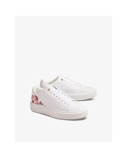 Ted Baker White Lorny Floral-print Platform-sole Leather Low-top Trainers