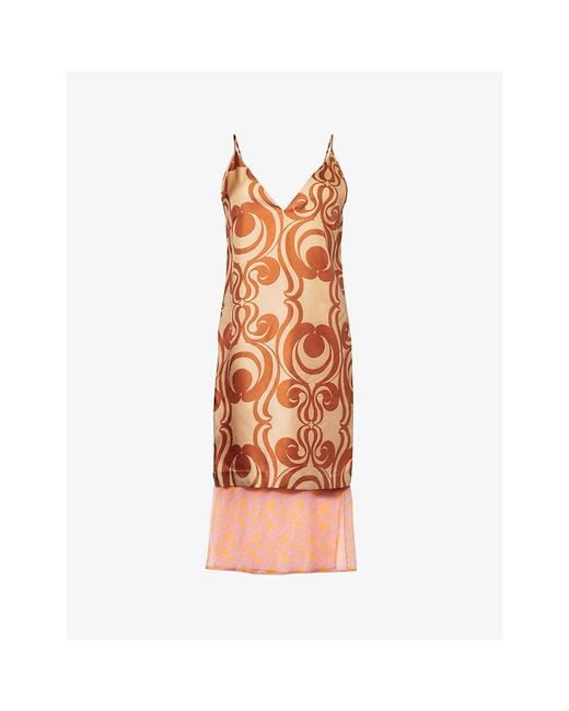 Dries Van Noten Orange Sheer-panel Patterned Silk Midi Dress