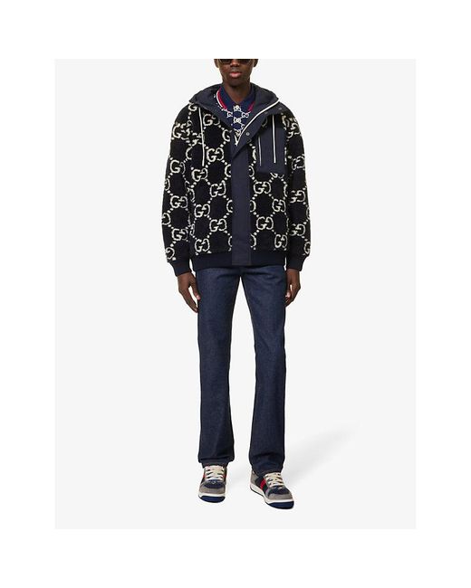 Gucci Blue Monogram-patterned Funnel-neck Wool-blend Jacket for men