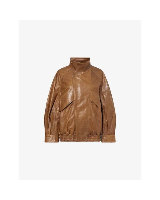 Nour Hammour Brown Ariste Funnel-Neck Leather Jacket