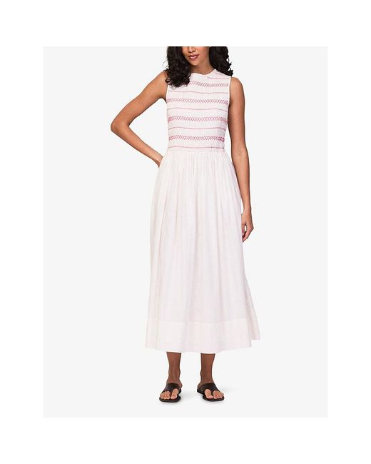 Ro&zo White Sleeveless Shirred-Bodice Cotton-Voile Midi Dress