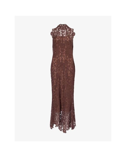 De La Vali Brown Ainhoa Floral-Embroidered Lace Maxi Dress