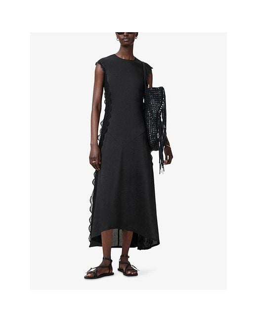 AllSaints Black Lyra Lace-Embroidered Cap-Sleeve Linen And Silk-Blend Midi Dress