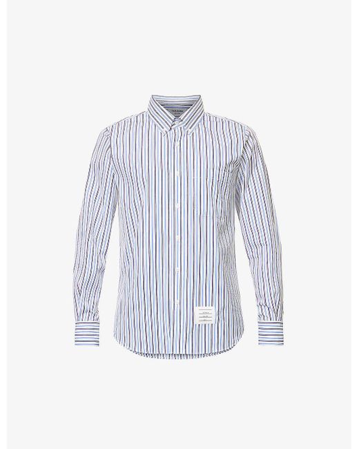 Thom Browne Blue Striped Logo-patch Cotton-poplin Shirt for men