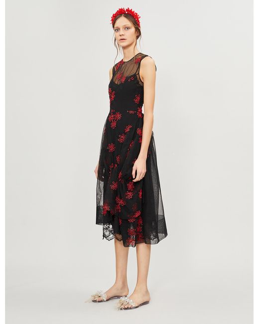Simone Rocha Black Floral-embroidered Tulle Dress