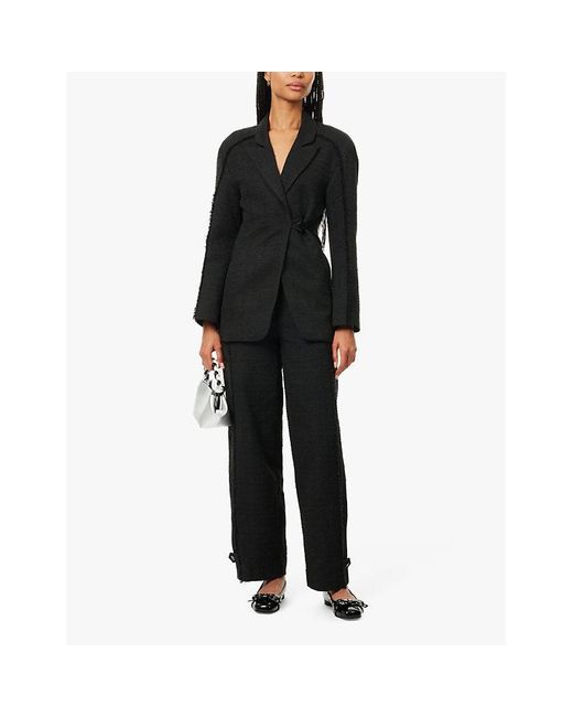 Ganni Black Boucle Suiting Two-Slip-Pockets Straight-Leg High-Rise Organic-Cotton Blend Trousers