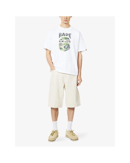 A Bathing Ape White Camo Handdrawn Ape Graphic-Print Cotton T-Shirt for men
