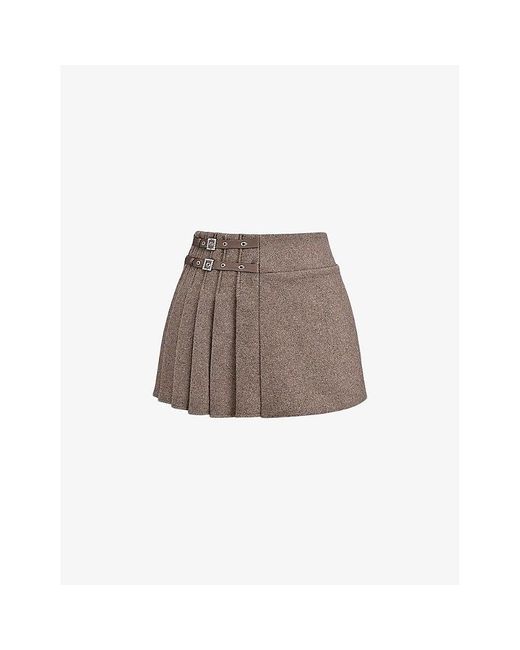 Mistress Rocks Brown Buckle-Embellished Mid-Rise Pleated Wool-Blend Mini Skirt