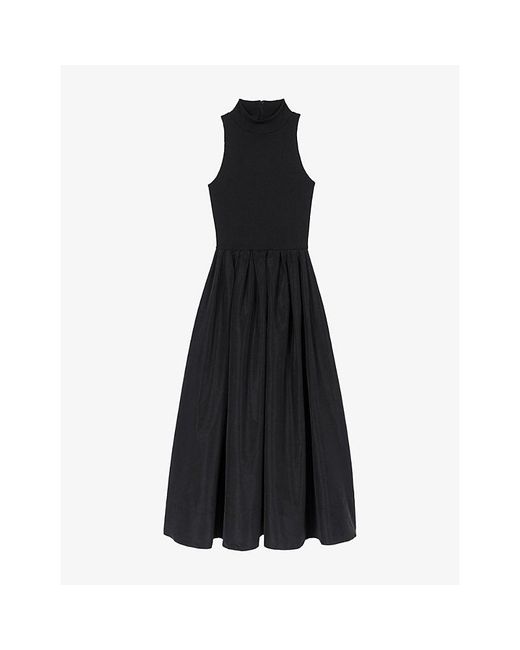 Maje Black Sleeveless High-Neck Taffeta Midi Dress