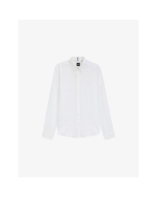Boss White Regular-Fit Long-Sleeve Stretch-Linen Shirt for men