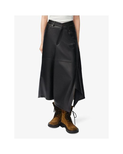 Loewe Black Mid-Rise Asymmetric Leather Midi Skirt