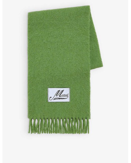 Marni Green Logo-tab Fringed-trim Alpaca-blend Scarf