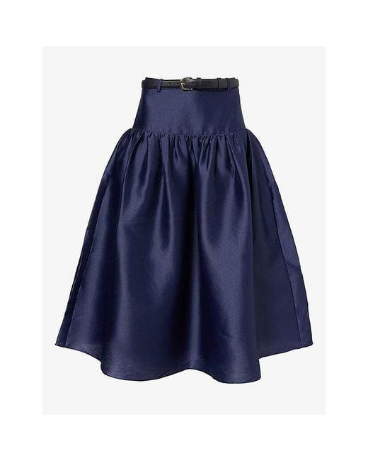 Self-Portrait Blue Dropped-Waist Taffeta Midi Skirt