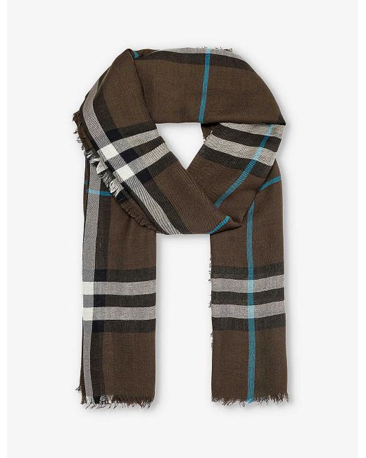 Burberry Green Checked Frayed-trim Wool Scarf