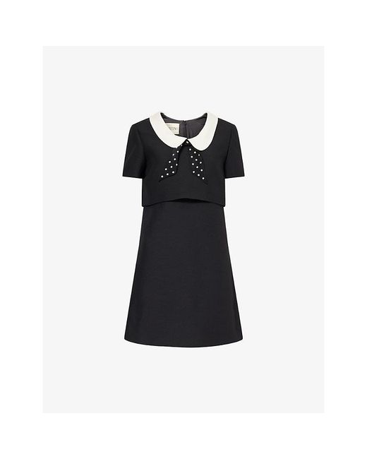 Valentino Black Contrast-Collar Short-Sleeve Wool-Silk Mini Dress