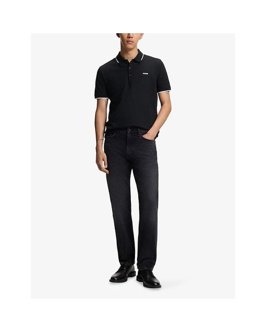 HUGO Black Contrast-Trim Slim-Fit Stretch-Cotton Polo Shirt for men