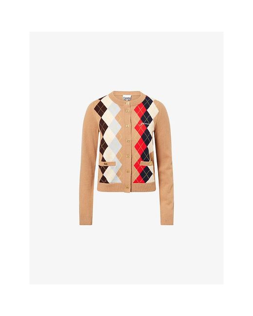 Ganni Embroidered-Logo Argyle Wool-And-Cashmere Cardigan
