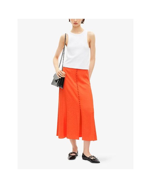 The Kooples Red Leopard-Jacquard Buttoned Woven Midi Skirt