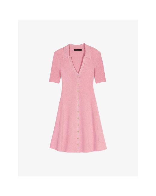 Maje Pink Polo-collar Slim-fit Sparkle Knitted Mini Dress