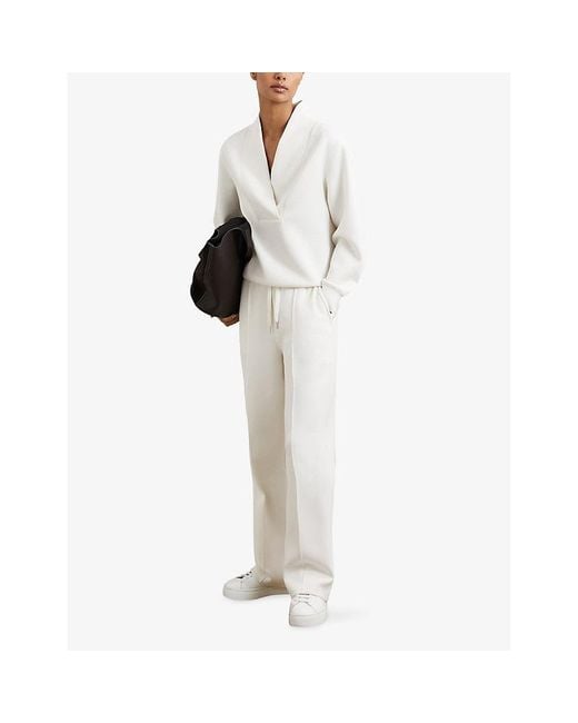 Reiss White Annabel Shawl-Neck Long-Sleeve Jersey Top