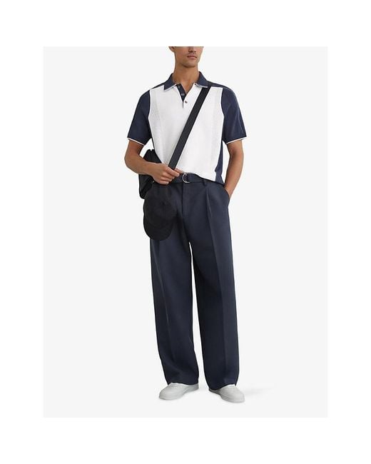 Reiss Blue Claremont Colour-Block Knitted Polo Shirt for men
