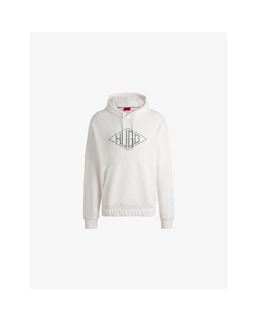 HUGO White Branded Kangaroo-Pocket Cotton-Jersey Hoody for men