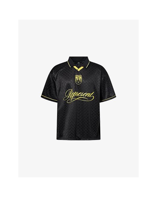 Represent Black Logo-Print Collared Football Shirt for men