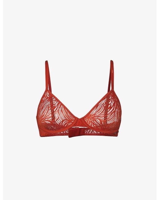 Calvin Klein Red Sheer Marquisette Floral-lace Stretch-woven Soft-cup Bra