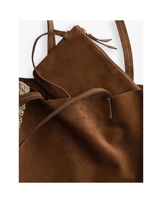 Prada Brown Logo-Print Large Suede And Crochet Tote Bag