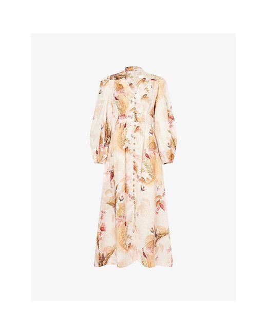 ワンピース ZIMMERMANN Ascension Plunge linen Midi Dress Zimmermann Ascension Plunge Linen Midi Dress in Metallic | Lyst