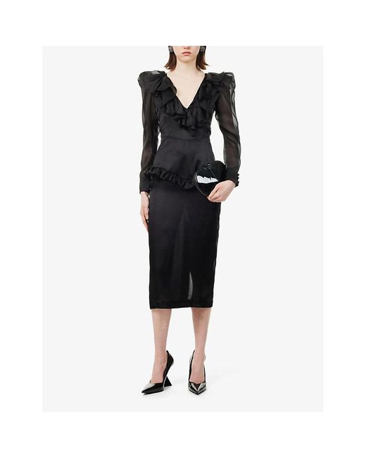 Alessandra Rich Black V-neck Ruffle-trim Silk, Satin And Organza Midi Dress