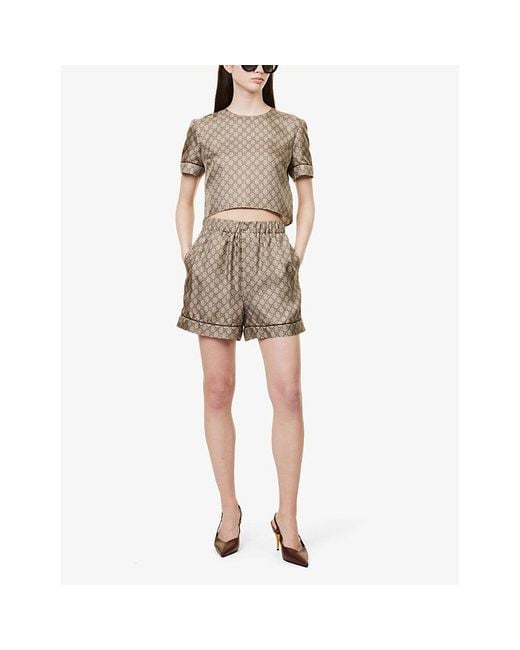 Gucci Natural Monogram-pattern High-rise Silk Shorts