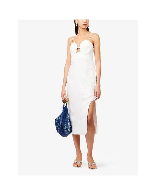 Farm Rio White Embroidered Shell Bust Linen Midi Dress