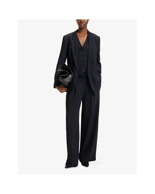 Boss Blue Striped Wide-Leg Mid-Rise Woven Trousers