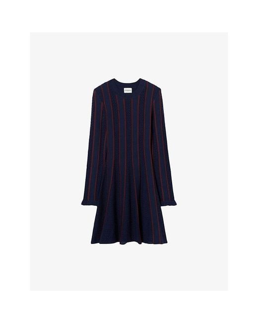Claudie Pierlot Blue Striped Long-Sleeved Knitted Mini Dress