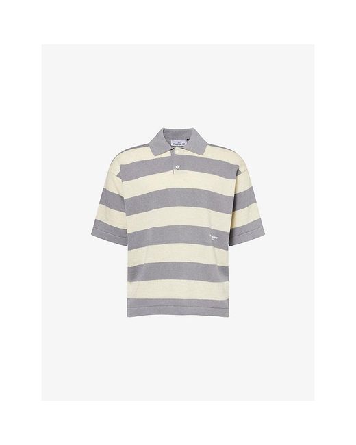Stone Island White Marina Striped Cotton-And-Linen Polo Shirt for men