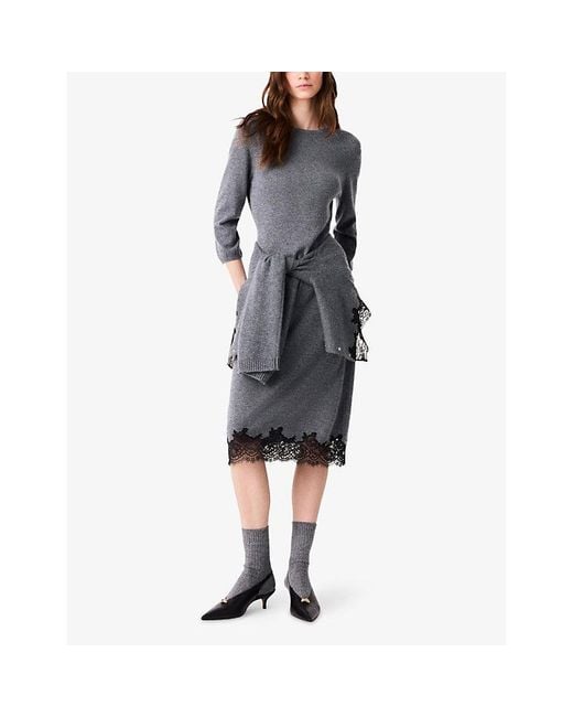 Maje Gray Round-Neck Lace-Trim Wool Midi Dress