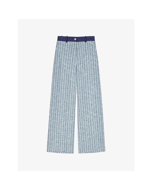 Maje Blue Denim-waistband High-rise Tweed Trousers