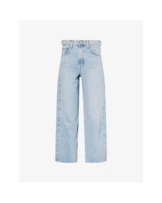 Agolde Blue Low Curve Fray Barrel-Leg Denim Jeans