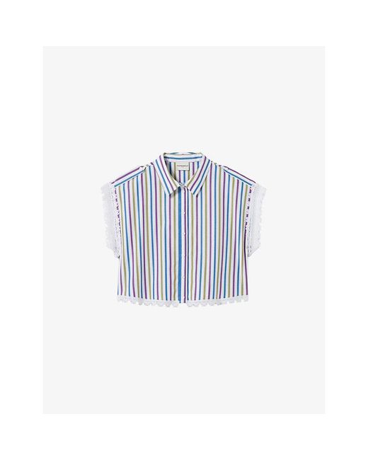 Claudie Pierlot Blue Striped Lace-Trim Cotton Shirt