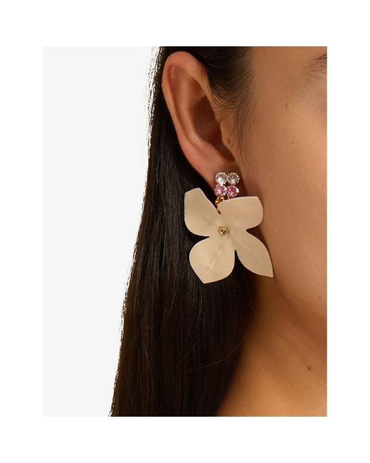 Marni Pink Poplin Flower And Rhinestone 24Ct-Plated Brass And Cotton Earrings