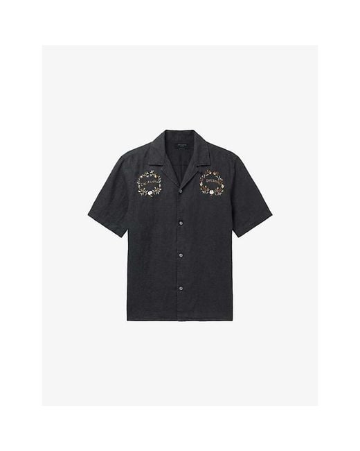 AllSaints Blue Klavicle Embroidered Short-Sleeve Linen Shirt for men