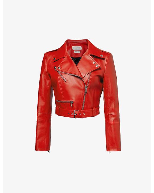Alexander McQueen Red Notched-collar Cropped Leather Jacket