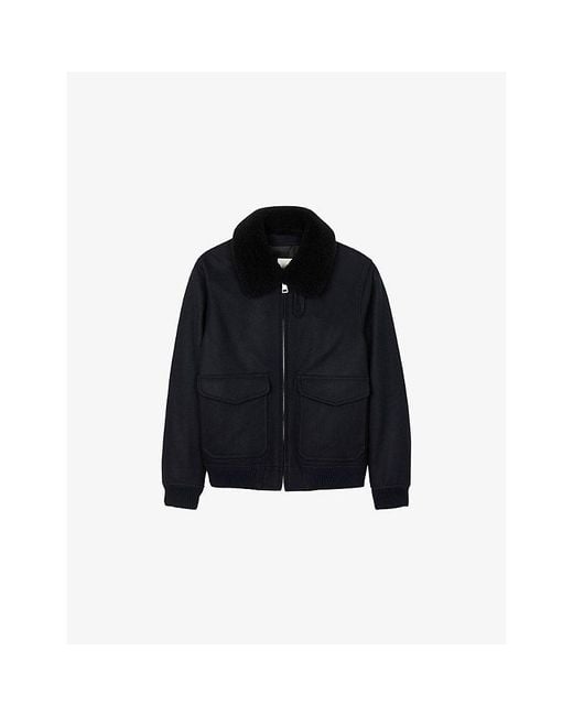Sandro Black Shearling-Collar Wool-Blend Aviator Jacket for men