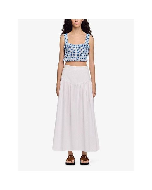 Sandro Blue Checked Cropped Linen-Blend Top