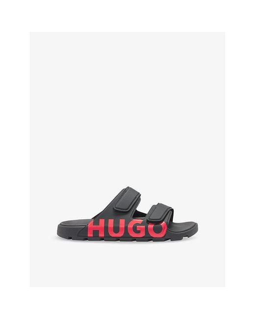 HUGO Black Logo-Print Double-Strap Slip-On Rubber Sandals for men