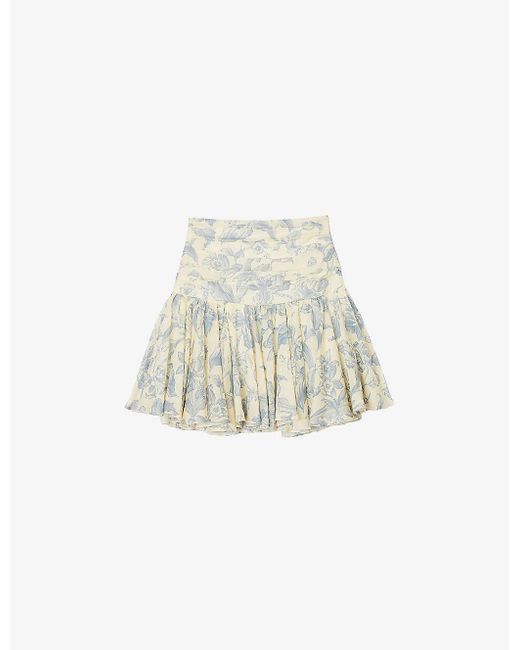 Sandro White Soft Flowers-print Linen-blend Mini Skirt