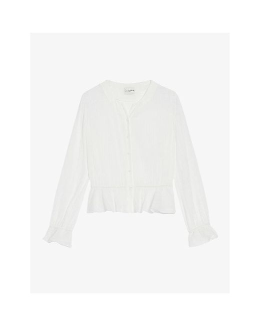 Claudie Pierlot White Ruffle-hem V-neck Cotton Shirt