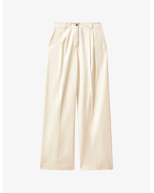 Reiss White Astrid Wide-leg High-rise Stretch-cotton Trousers